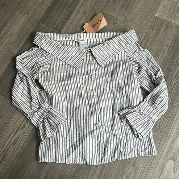 ✨🆕LISTICLE🆕✨ | Off the shoulder linen blend striped  top - Picture 1 of 9